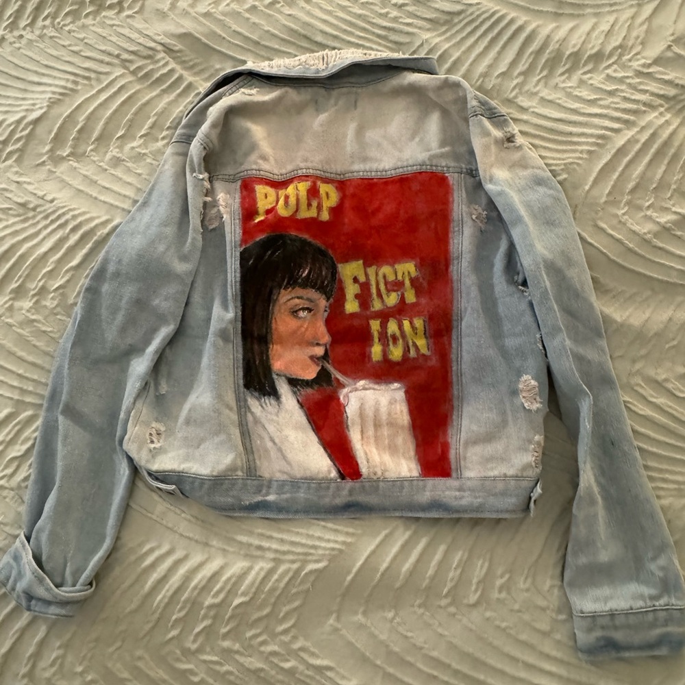 Custom denim jacket with Pulp Fiction design #PulpFiction #DenimJacket